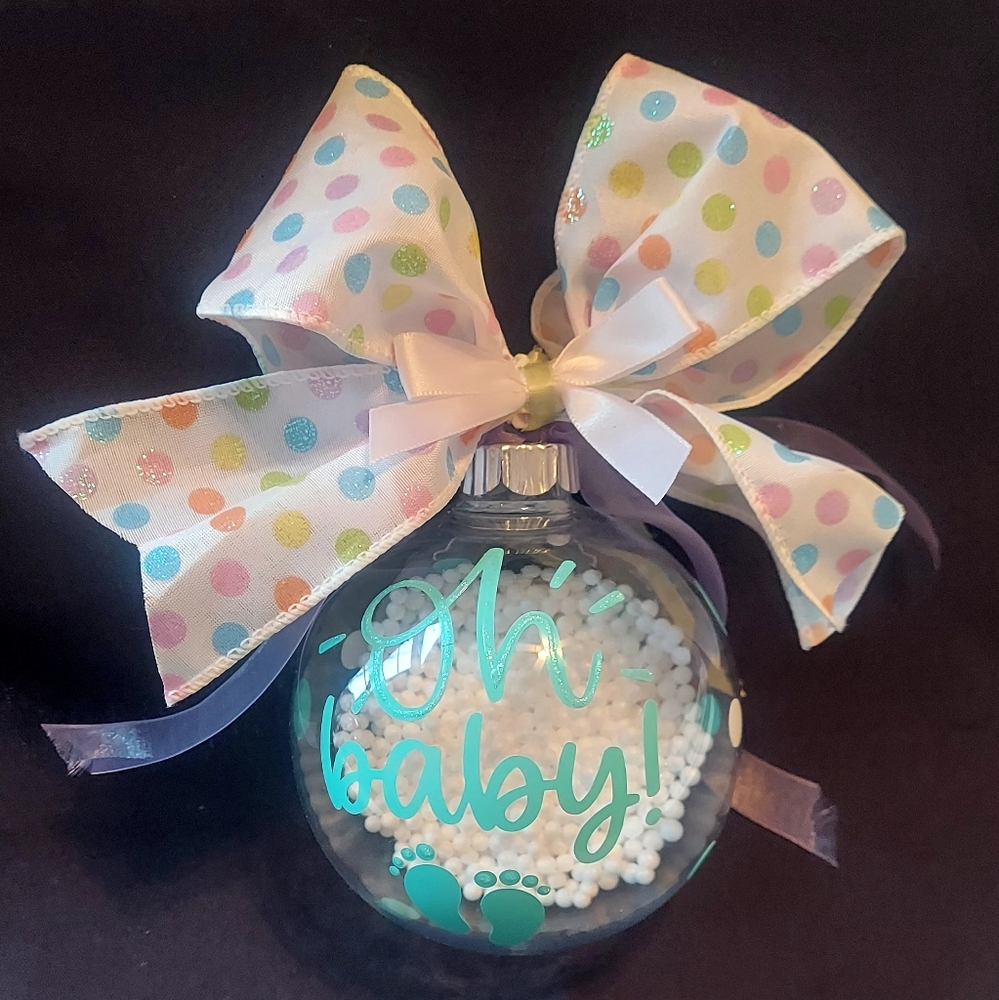 🆕 Oh Baby! White Puff Balls in a Plastic Bulb With Ribbons, White Stand, NEW